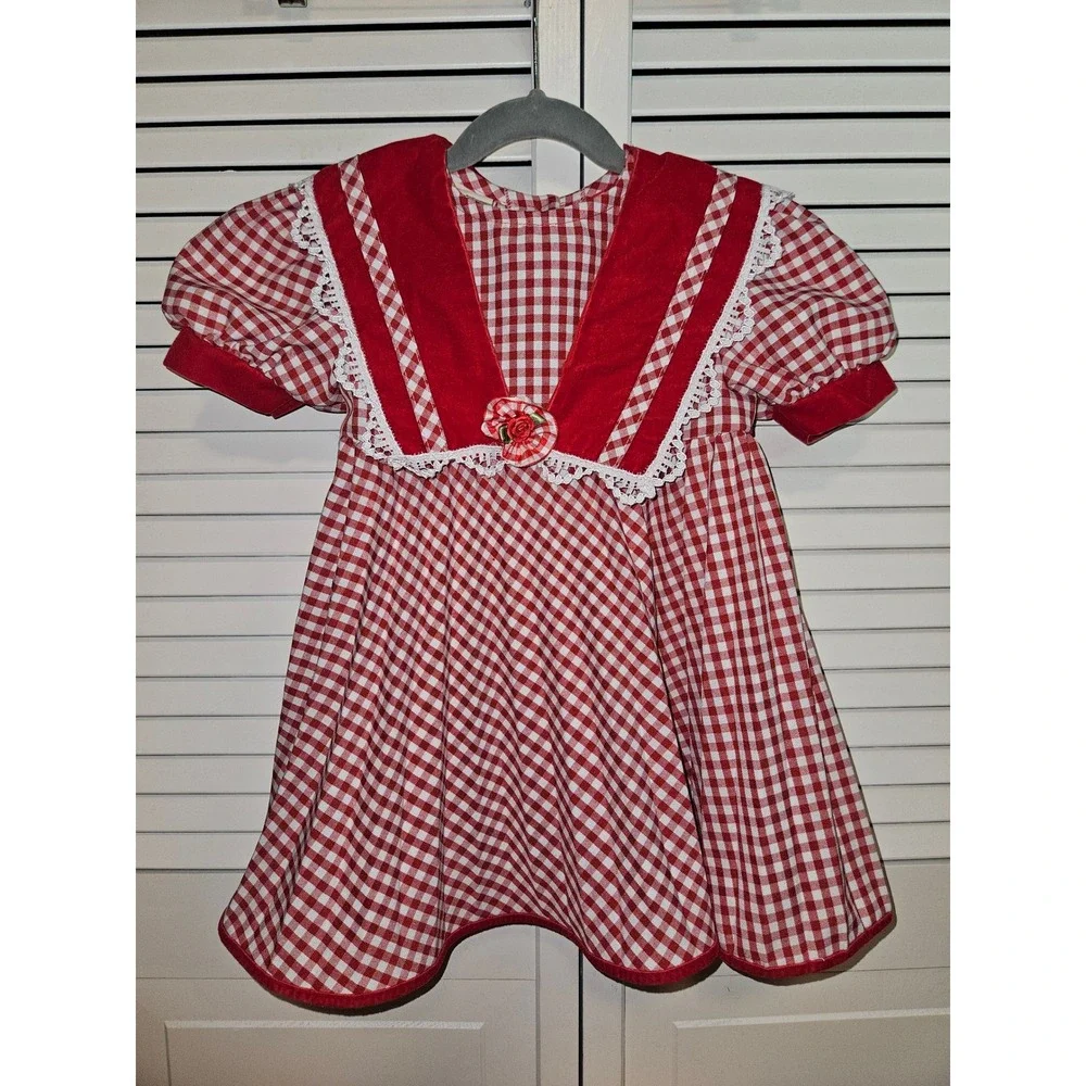 Vintage Little Precious Red Gingham Sailor Collar Dress Toddler Size 3T USA Made